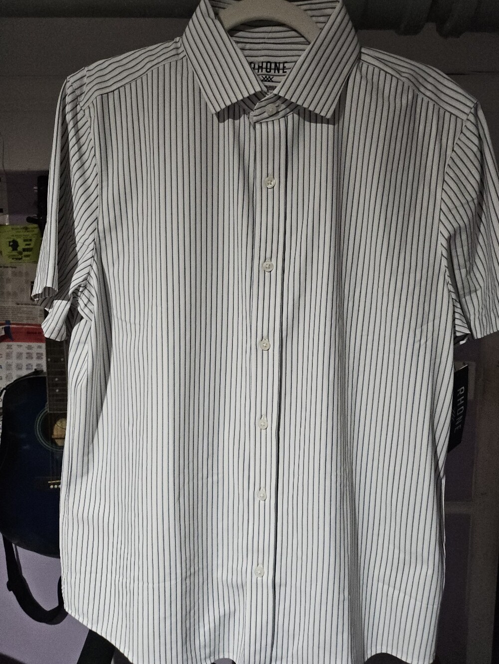 RHONE White Short-Sleeve Button-Down Shirt with Black Pinstripes